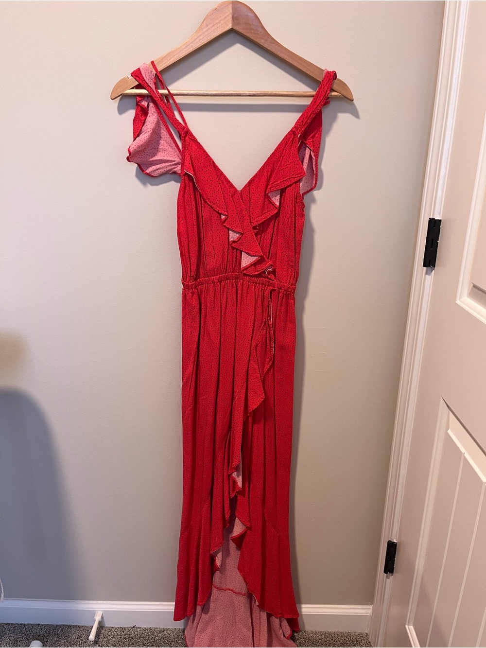 Express Red Ruffle High-Low Maxi Dress